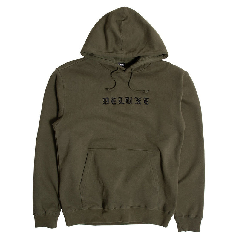 DLXSF OLD ENGLISH LOGO HOODIE OLIVE 【 デラックス オールド イングリッシュ ロゴ フーディー オリーブ 】