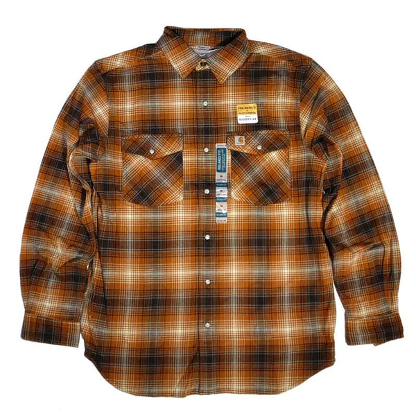 CARHARTT RUGGED FLEX RELAXED FIT FRANNEL LONG SLEEVE SNAP PLAID SHIRT COPPER【 カーハート リラックス フィット フランネル シャツ #104449 O17 】