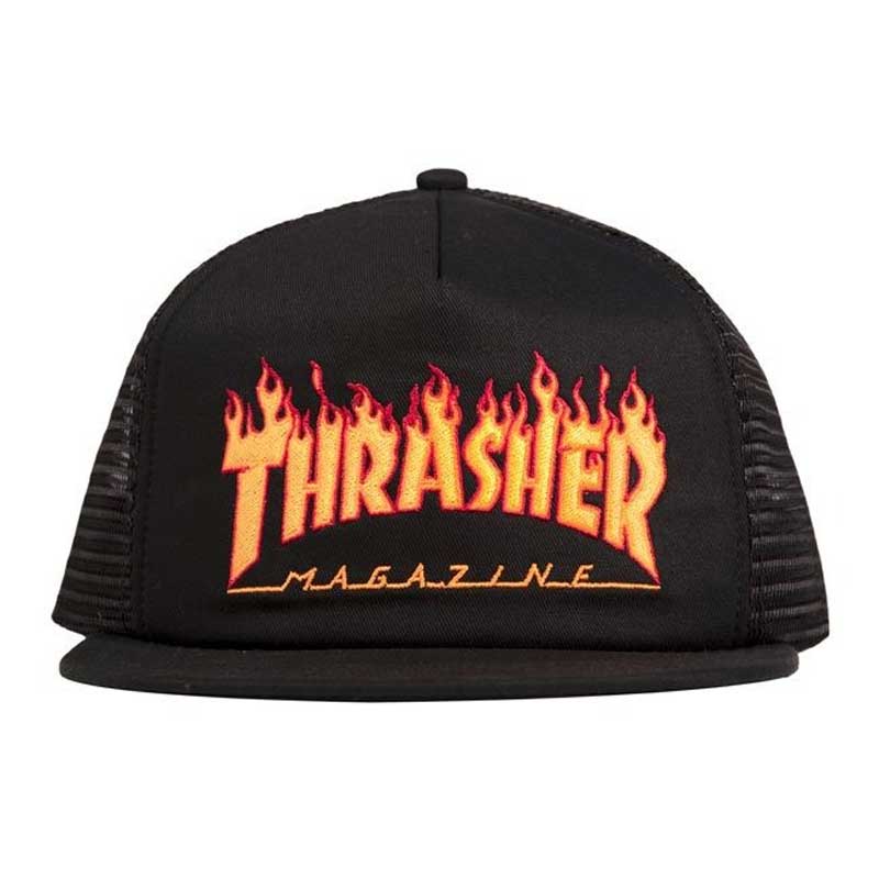 THRASHER EMBROIDERED FLAME LOGO MESH CAP BLACK【 スラッシャー エンブロイダード フレイム ロゴ メッシュ キャップ ブラック 】